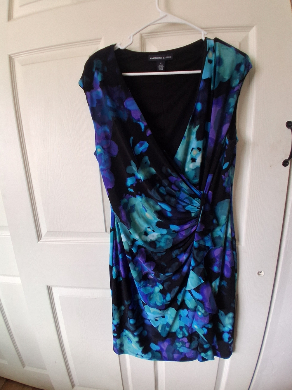 American Living Black Midi Dress with Teal & Purple Floral Print